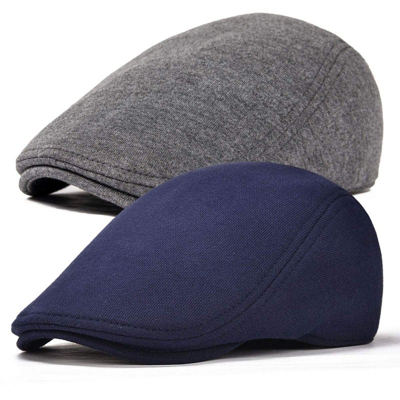 FEINION 2 Pack Men Cotton Newsboy Cap Soft Fit Cabbie Hat (Dark Grey/Navy) - Image 1